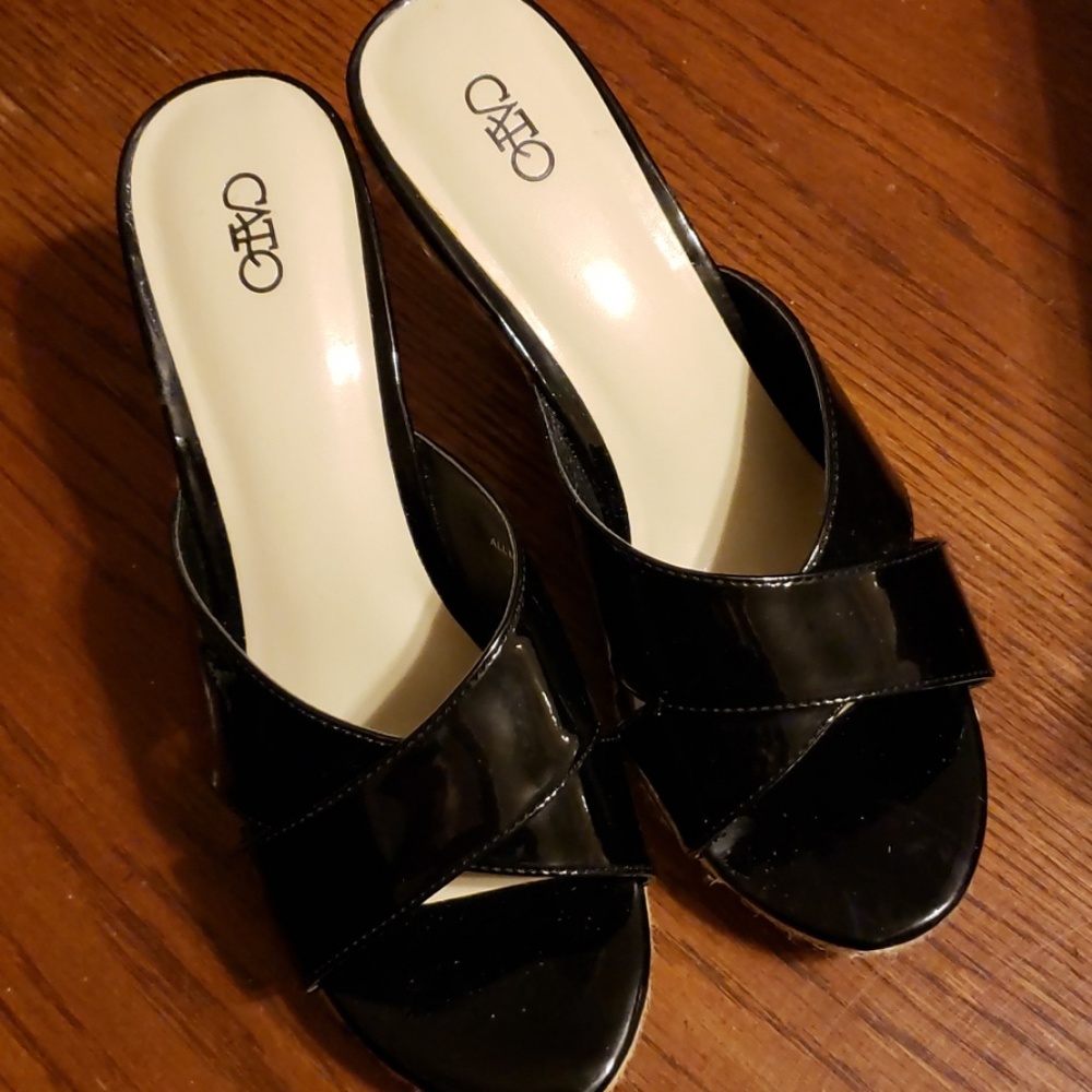 Cato Black Patent Double Strap Wedges